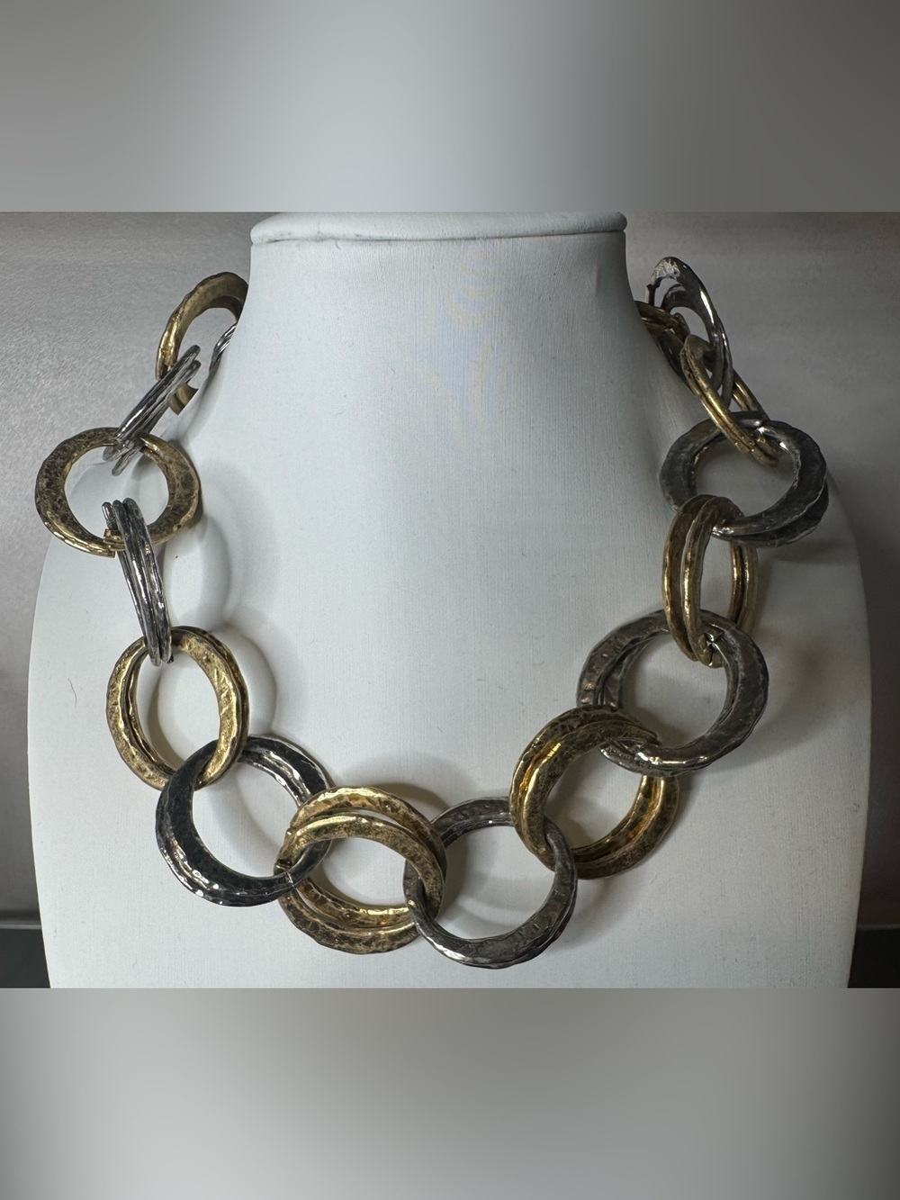 Two-Tone Hammered chunky Link Necklace - Gold & Silver statement vintage style
